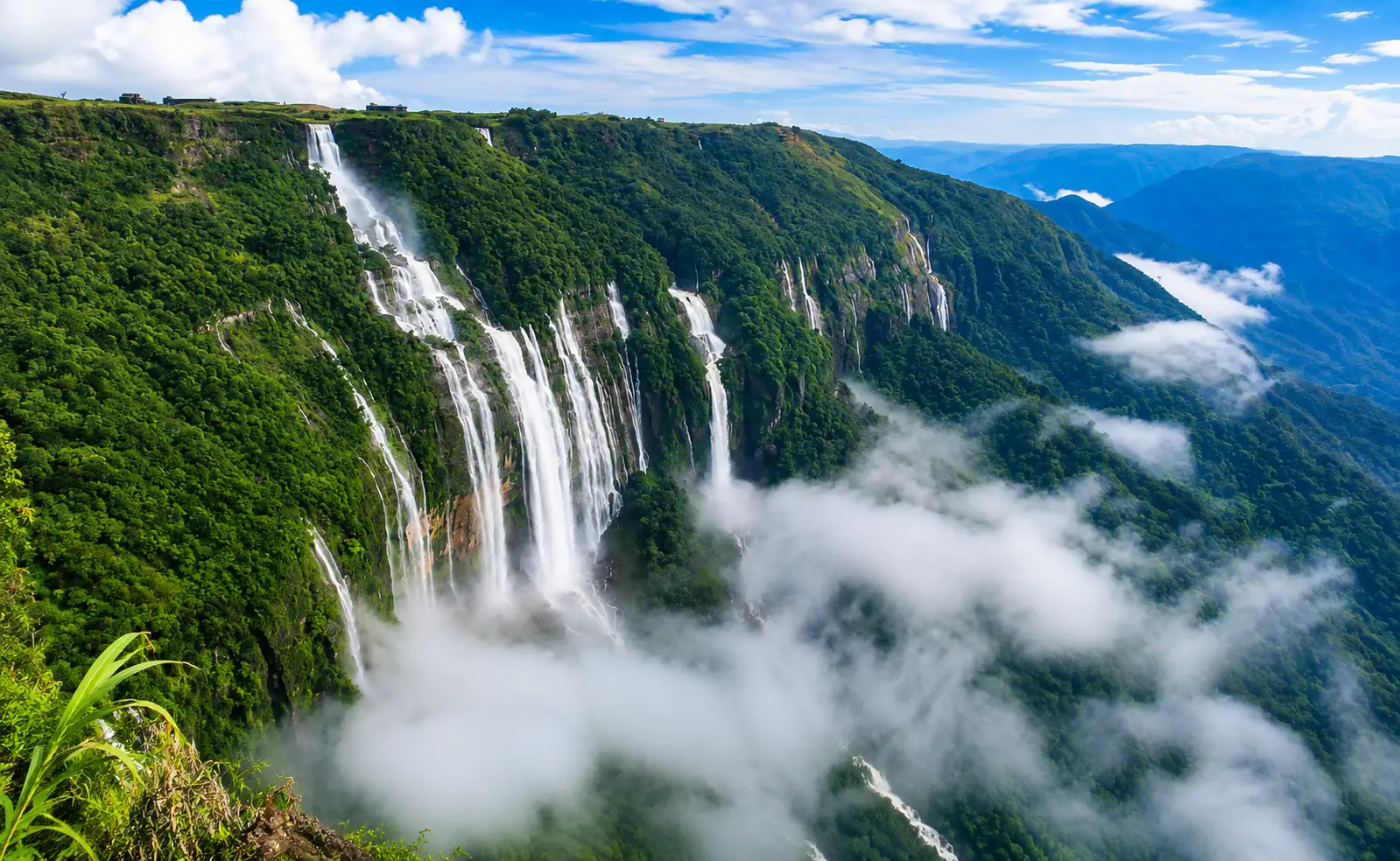 A view of Waterfalls and green hills in Cherrapunji, Meghalaya